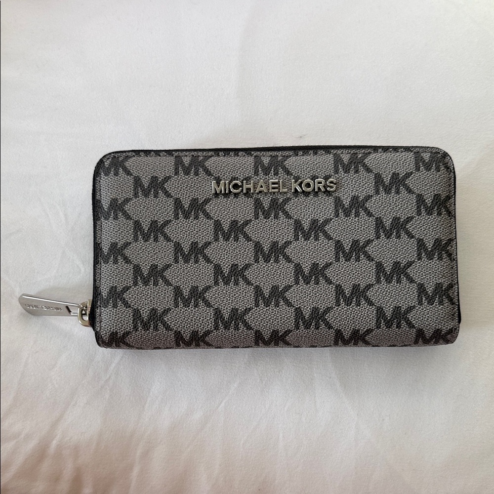 Michael Kors Black and Gray Monogram Zip Wallet